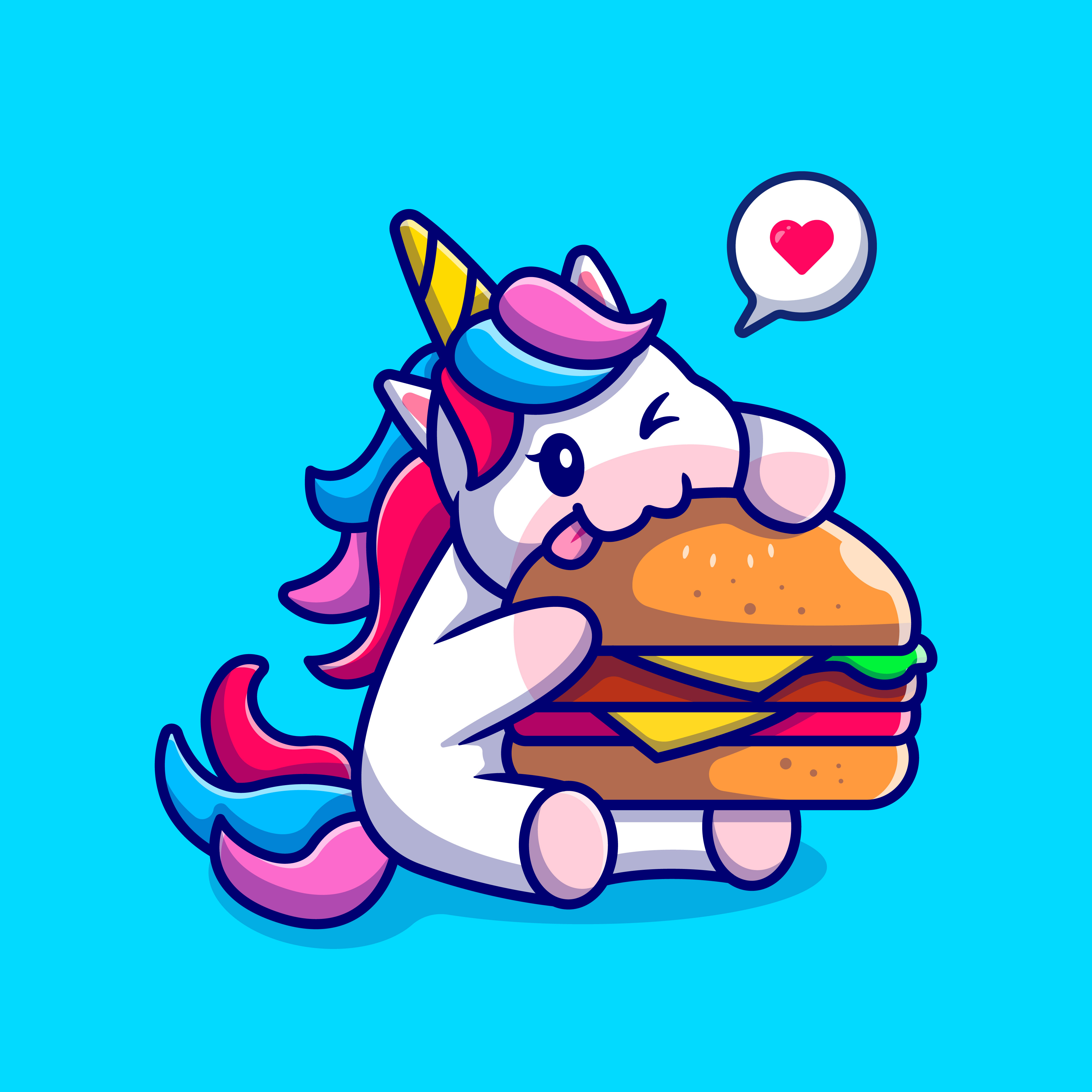 Sie sehen ein verbliebtes in einen Burger beißendes Einhorn Fluffy